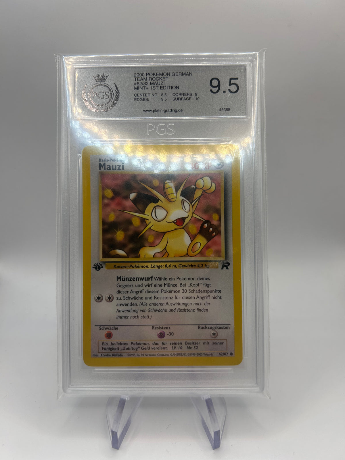 Pokemon Karte PGS 9,5 1st Edition Mauzi 62/82 Deutsch
