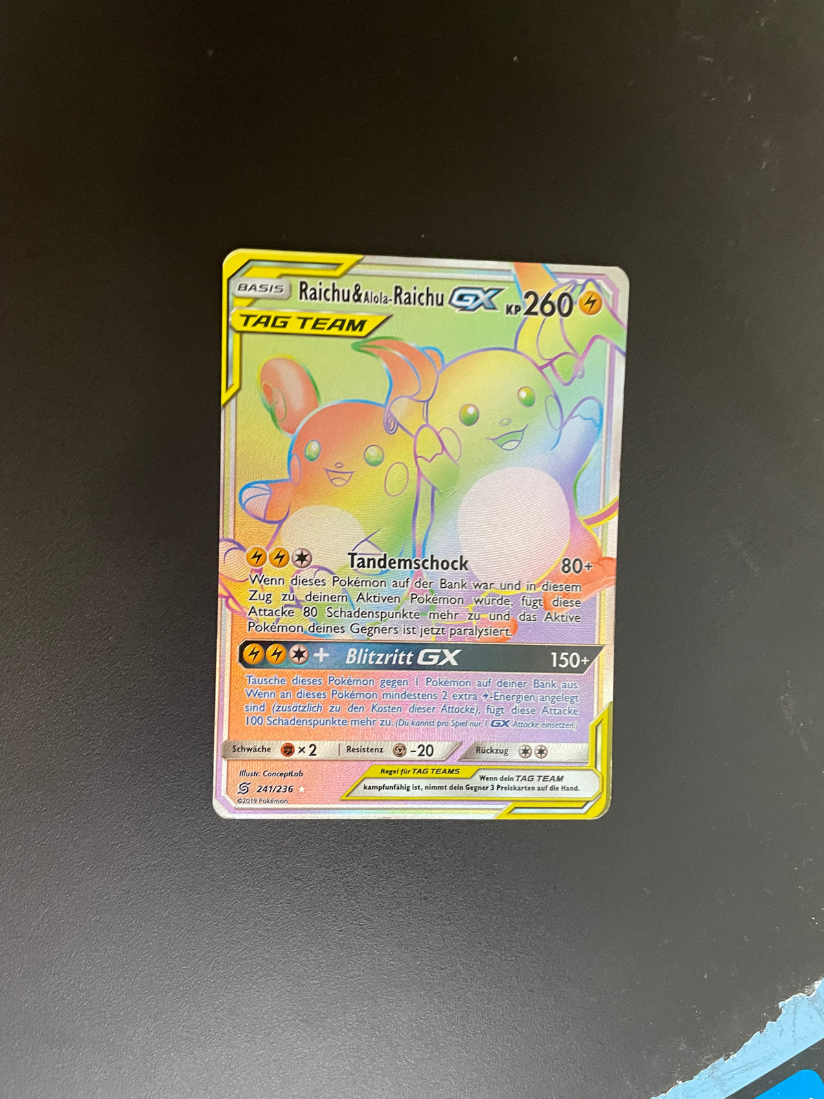 Pokemon Karte Tag Team GX Raichu&Alola-Raichu 241/236 Deutsch