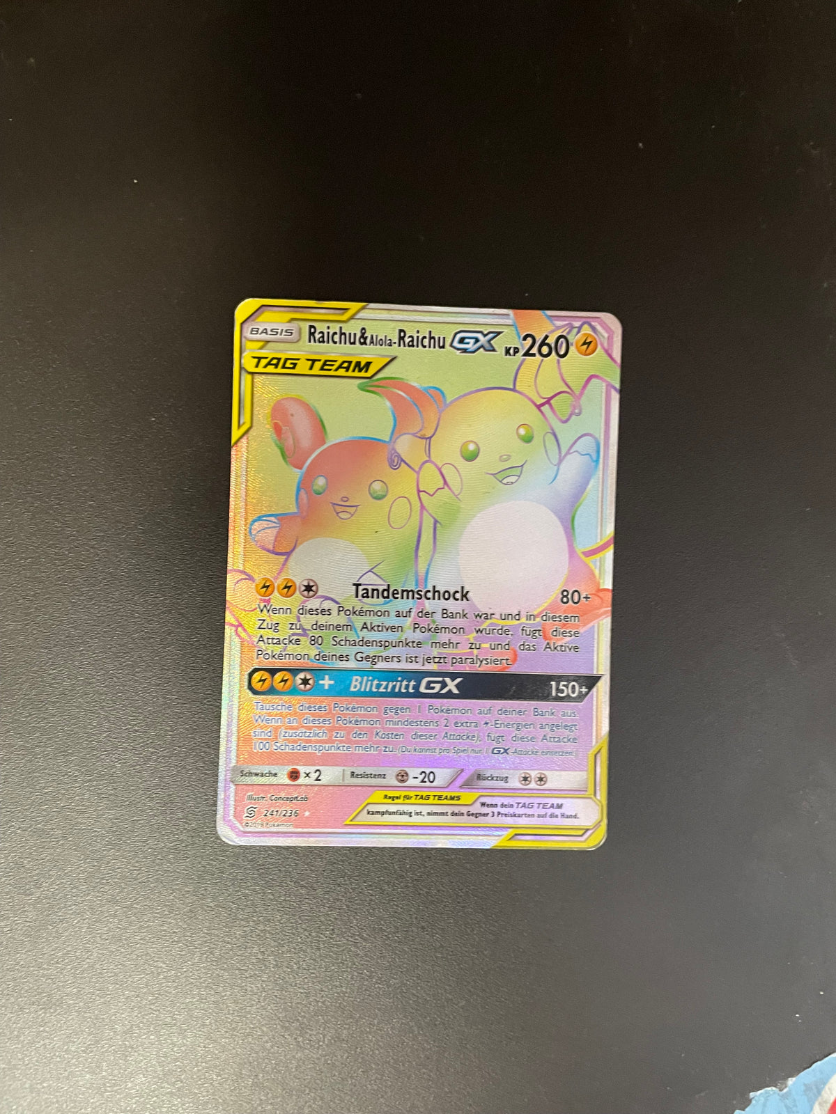 Pokemon Karte GX Tag Team Rainbow Raichu & Alola-Raichu 241/236 Deutsch