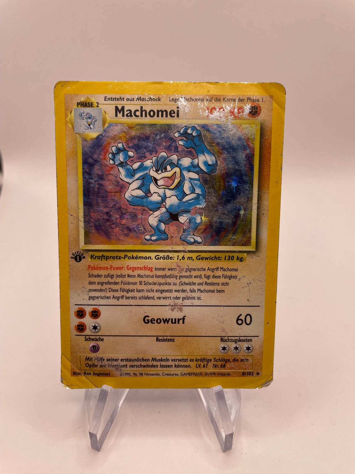 Pokemon Karte Holo 1.Edition Machomei 8/102 Deutsch