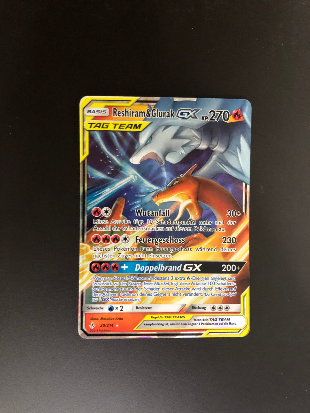 Pokemon Karte GX Tag Team Reshiram & Glurak 20/214 Deutsch
