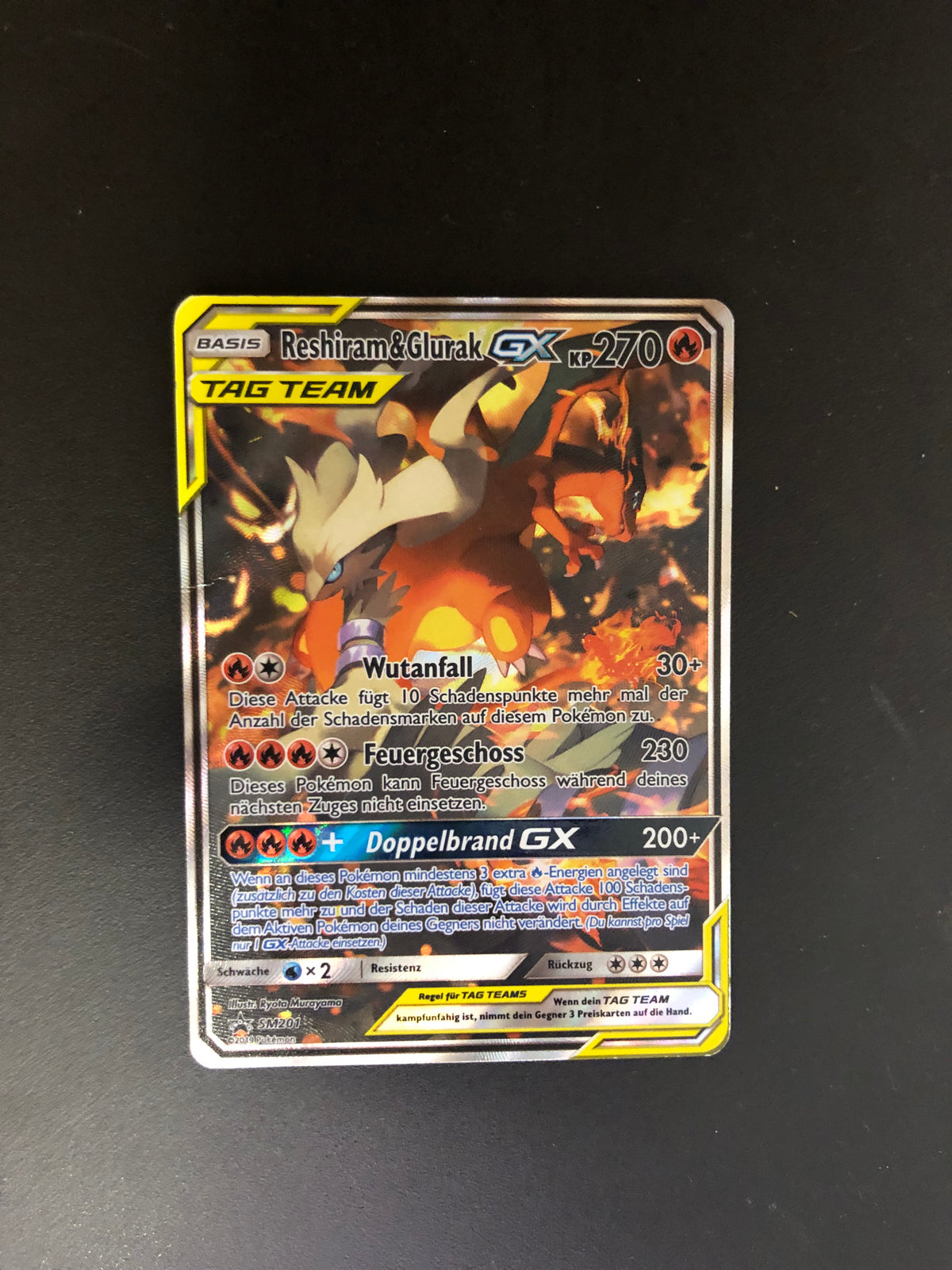 Pokemon Karte Tag Team Alt-Art Reshiram & Glurak SM201 Deutsch