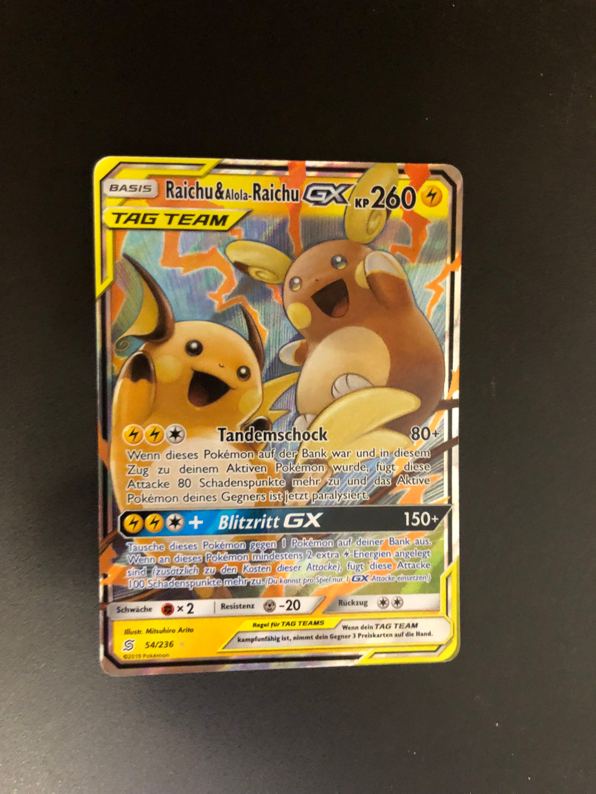 Pokemon Karte GX Tag Team Raichu & Alola Raichu 54/236 Deutsch